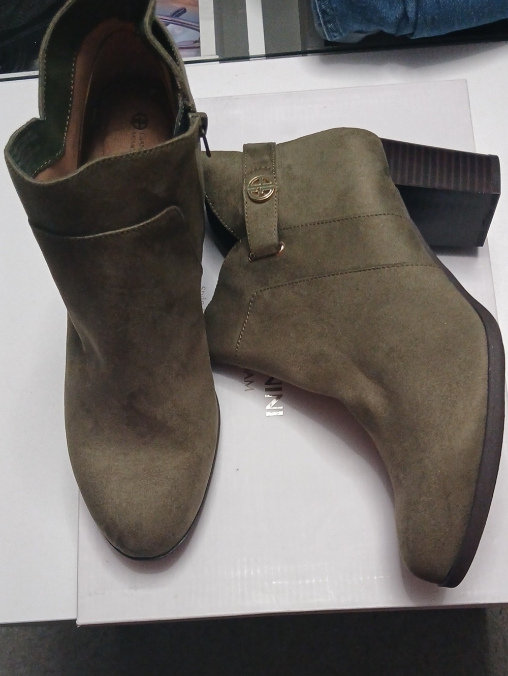 Gianni Bini Olive Suede Ankle Booties with Logo Strap